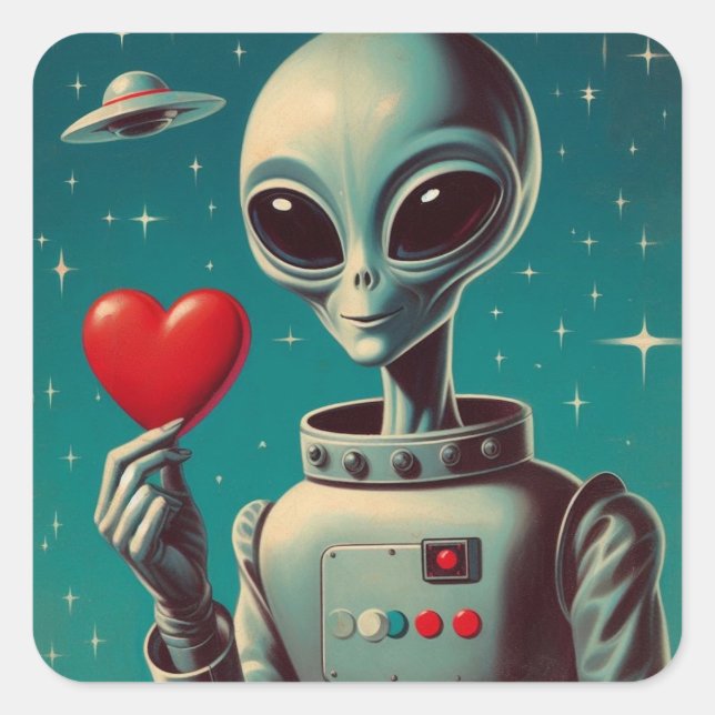 Space Alien Valentine Sci Fi Romantic Valentine Quadratischer Aufkleber (Vorderseite)