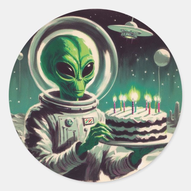 Space Alien with Birthday Cake UFO Flying Saucer  Runder Aufkleber (Vorderseite)