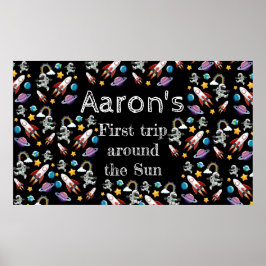 Space Astronaut Black First Birthday Party Poster