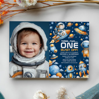 Space Astronaut Cat Blast Off 1st Birthday Photo Einladung