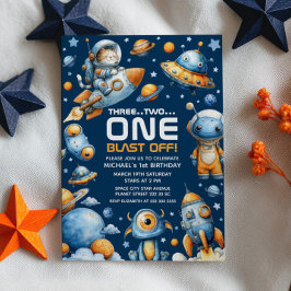 Space Astronaut Cat Blast Off Cosmic 1st Birthday Einladung