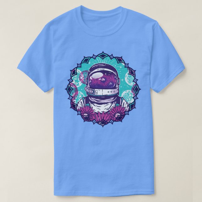 Space Astronaut with Planets, Moons and Flowers  T-Shirt (Design vorne)