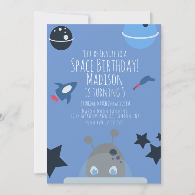 Space Birthday Alien Themed Blue Einladung (Vorderseite)