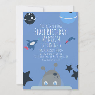 Space Birthday Alien Themed Blue Einladung