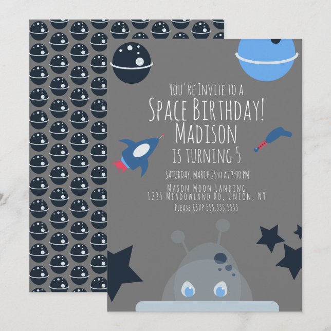 Space Birthday Alien Themed Blue Gray Einladung (Vorne/Hinten)