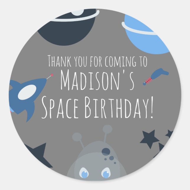 Space Birthday Alien Themed Blue Gray Runder Aufkleber (Vorderseite)