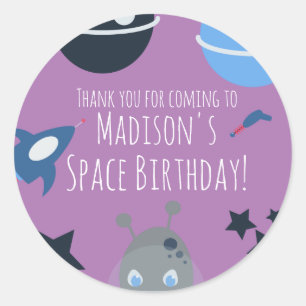 Space Birthday Alien Themed Blue Lila Runder Aufkleber