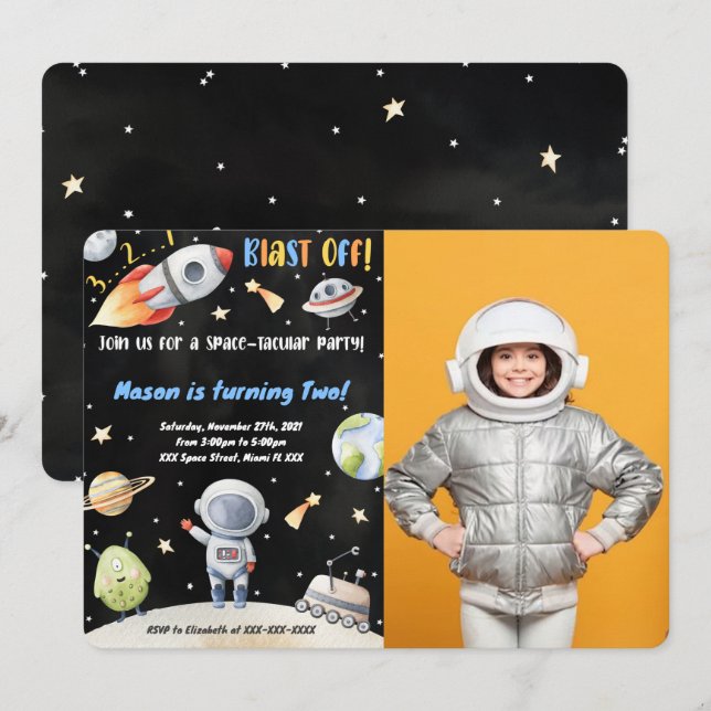 Space Birthday Foto Einladungen (Vorne/Hinten)