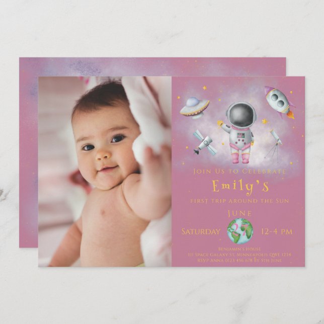Space Birthday Girl Astronaut Raketenstars Party I Einladung (Vorne/Hinten)