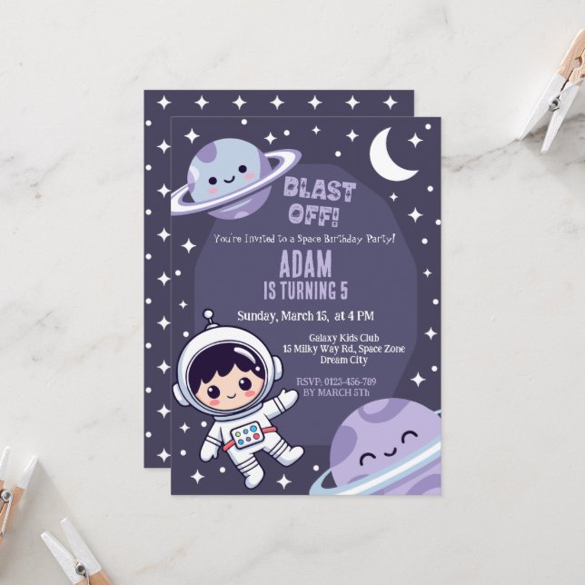 Space Birthday Party Invitation | Galaxy Astronaut Einladung (Vorderseite/Rückseite Beispiel)