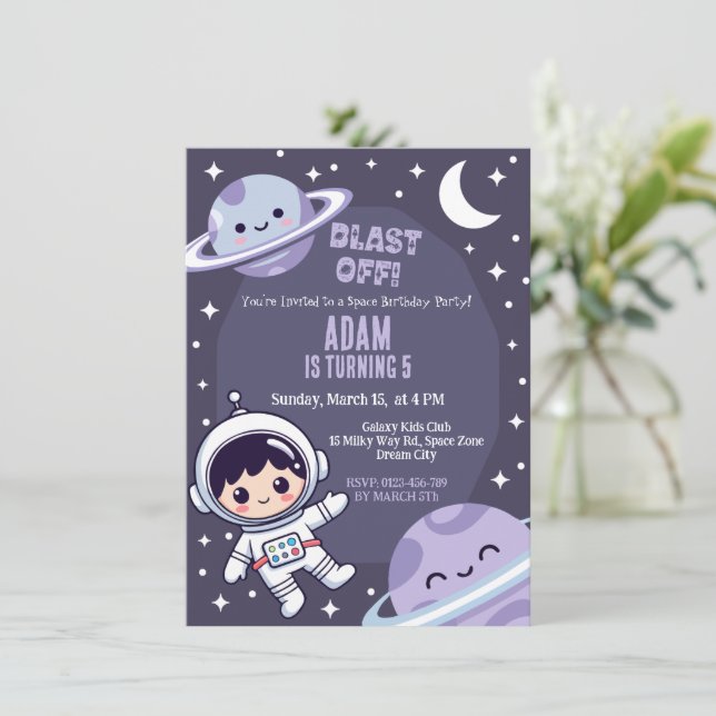 Space Birthday Party Invitation | Galaxy Astronaut Einladung (Stehend Vorderseite)