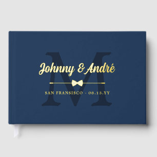 Space Blue Gold Bowtie Monogram Gay Wedding Gästebuch