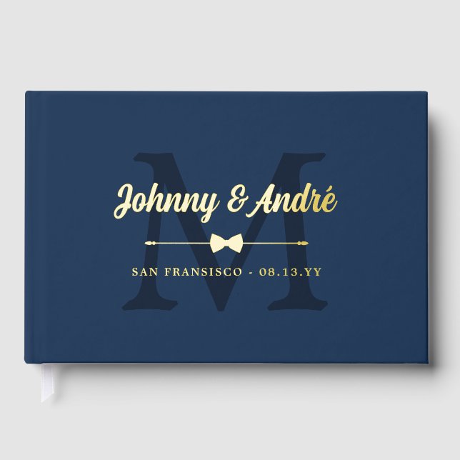 Space Blue Gold Bowtie Monogram Gay Wedding Gästebuch (Vorderseite)