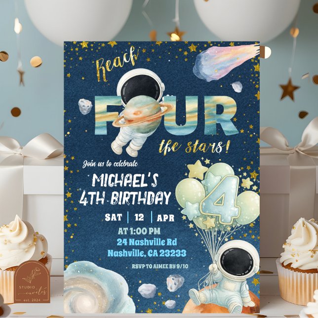 Space Boy reach FOUR the stars 4th Birthday Invita Einladung (Von Creator hochgeladen)