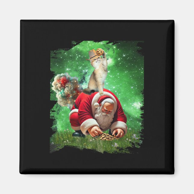 Space Cat Cowboy Riding Santa Eating Cookies Magnet (Vorne)