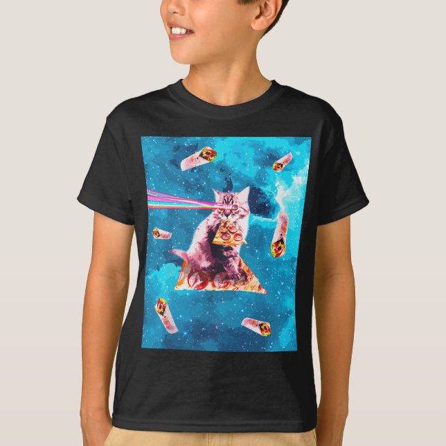 Space Cat Eating Pizza - Rainbow Laser Eyes, Burri T-Shirt (Vorderseite)