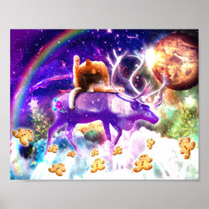 Space cat licking itself poster
