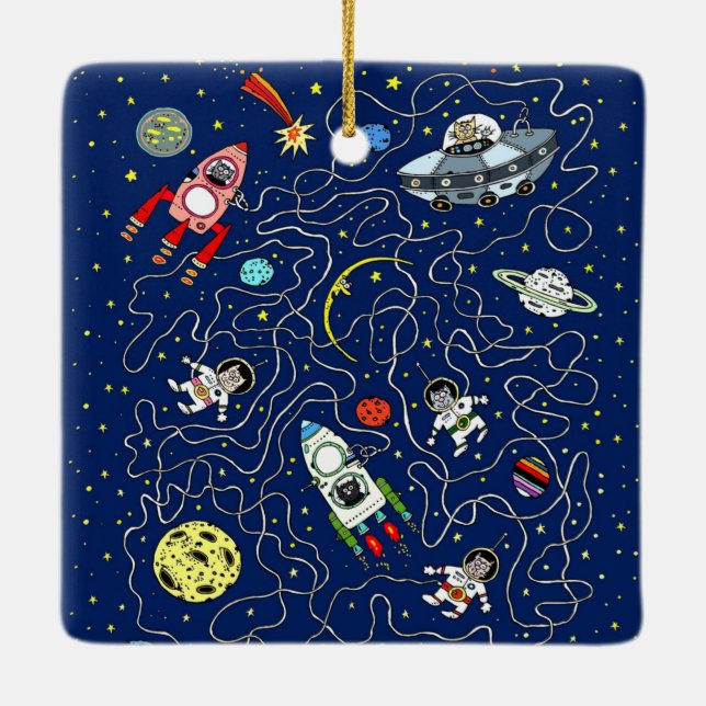 Space Cat Maze Game für Kinder Keramikornament (Rückseite)
