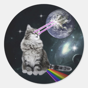 Space Cat mit Lasern aus Augen und Regenbogen Runder Aufkleber