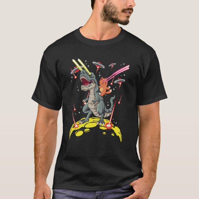Space Cat Riding Dinosaur rex Laser Eyes Kitten T-Shirt (Vorderseite)