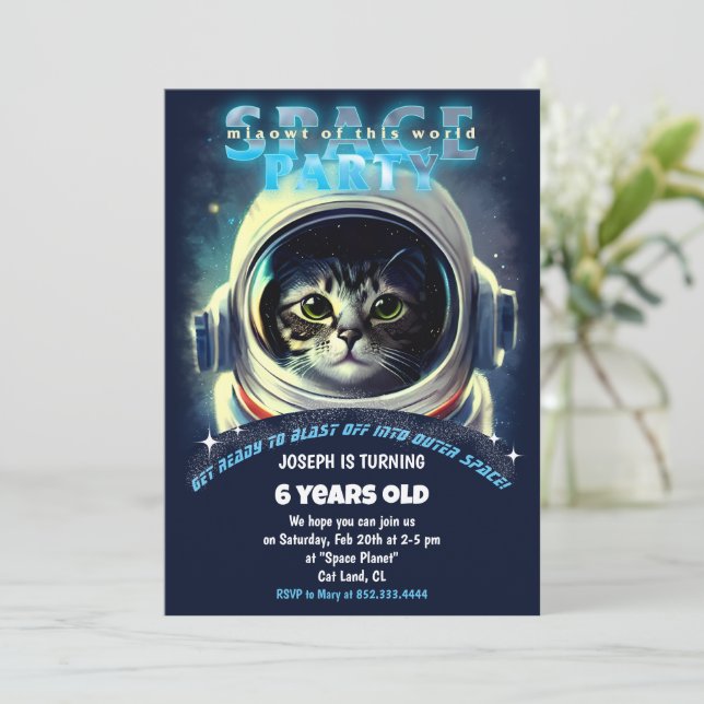 Space Cat Thema Geburtstagsparty Einladung (Stehend Vorderseite)