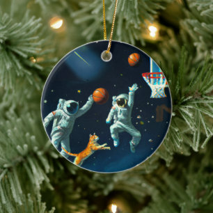 Space Cats Astronauten spielen Basketball Weihnach Keramik Ornament