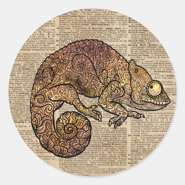 Space Chameleon Zentagle Wörterbuchkunst Runder Aufkleber (Vorderseite)