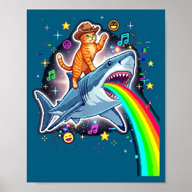 Space Cowboy Cat Riding Shark Rainbow Xel Art  Poster (Vorne)