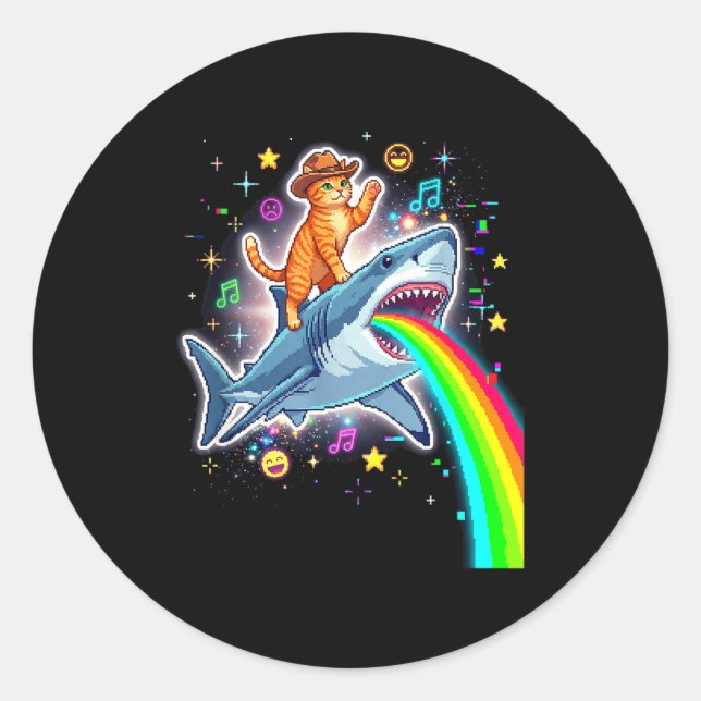 Space Cowboy Cat Riding Shark Rainbow Xel Art  Runder Aufkleber (Vorderseite)