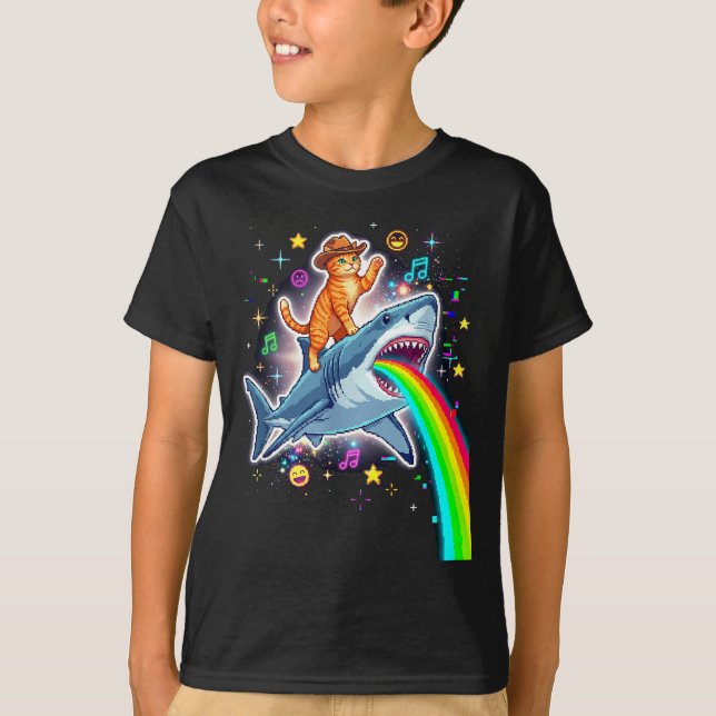 Space Cowboy Cat Riding Shark Rainbow Xel Art  T-Shirt (Vorderseite)