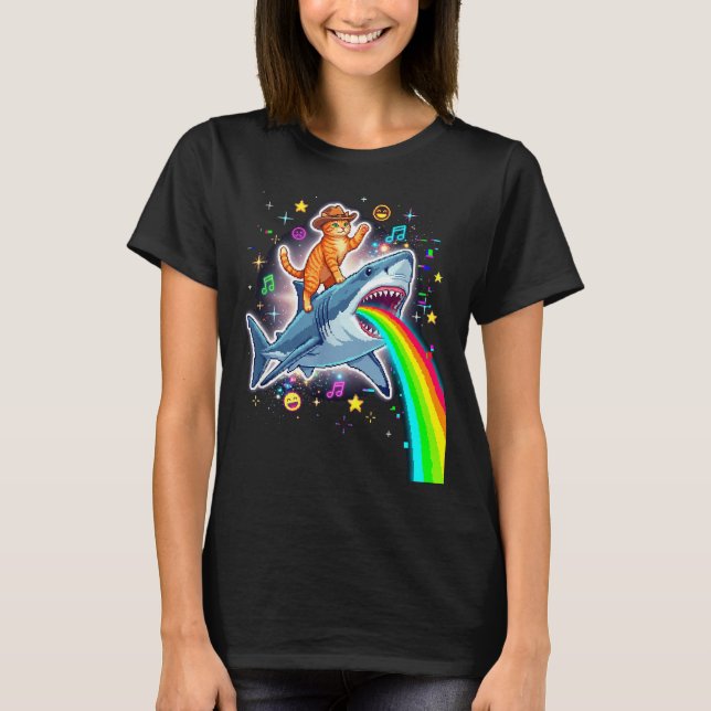 Space Cowboy Cat Riding Shark Rainbow Xel Art  T-Shirt (Vorderseite)