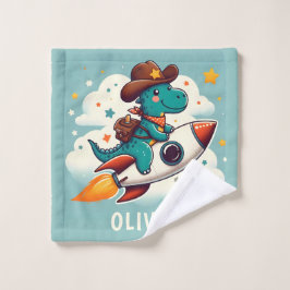 Space Cowboy Dino Trex Reitrocket Personalisiert Waschlappen