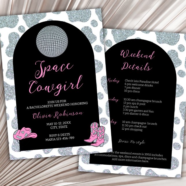 Space Cowgirl Bachelorette Weekend Itineneral Einladung (space cowgirl disco bachelorette weekend itinerary)