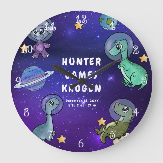 Space Dinosaurier Galaxy Planets Stars Baby Kinder Große Wanduhr (Vorderseite)