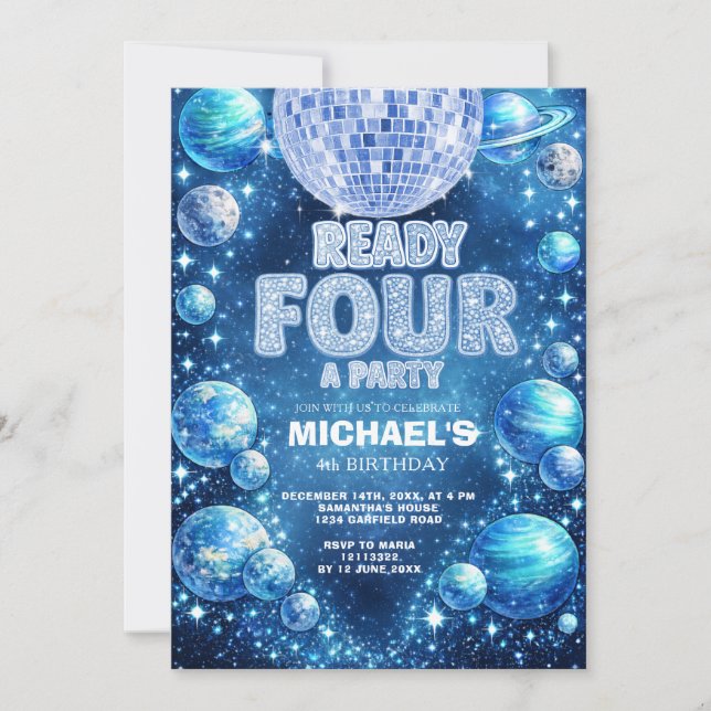Space Disco 4th Birthday READY FOUR A PARTY Einladung (Vorderseite)