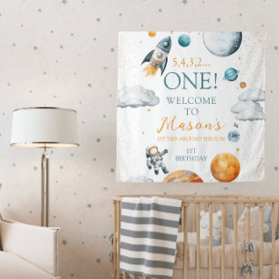 Space Explorer Boy Birthday Begrüßungsbanner Wandteppich