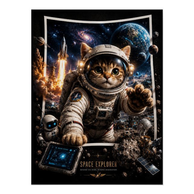 Space Explorer Cat 3D Pop-Up Poster glänzend (Vorderseite)
