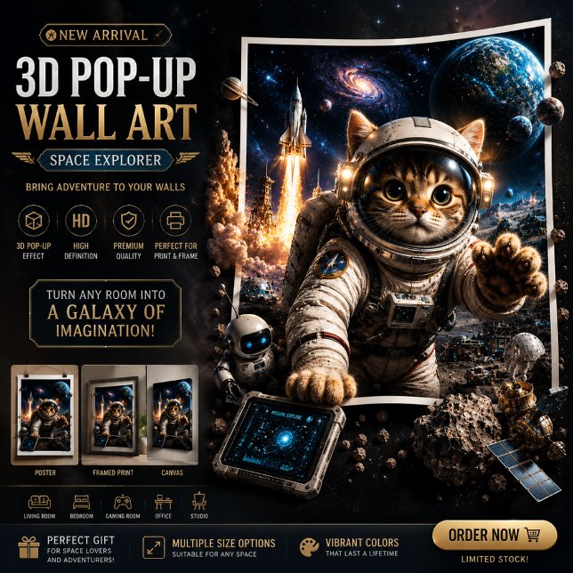 Space Explorer Cat 3D Pop-Up-Wandkunstposter Poster (Von Creator hochgeladen)