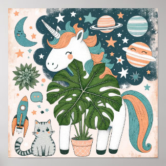 Space Explorer Einhorn mit Katzenkindern Wand Kuns Poster