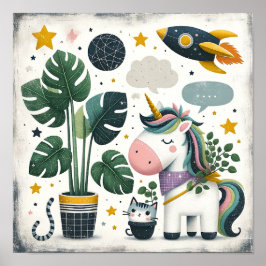 Space Explorer Einhorn mit Katzenkindern Wand Kuns Poster