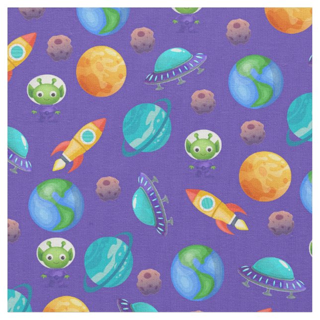 Space Explorers auf Royal Blue Stoff (Nahaufnahme)