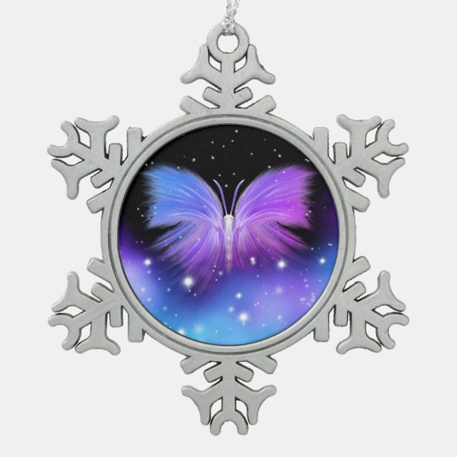 Space Fantasy Butterfly Kosmic Schneeflocken Zinn-Ornament (Vorderseite)