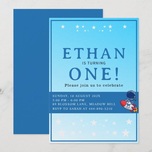 Space First Birthday Invitation – Astronaut Party Einladung (Vorne/Hinten)
