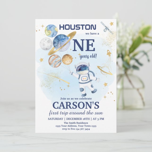 Space First Outer Space First Birthday Einladung (Stehend Vorderseite)