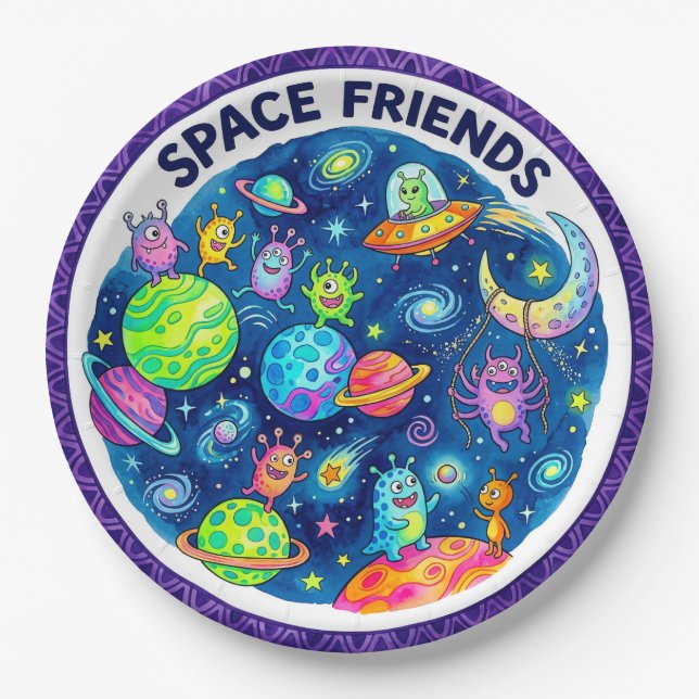 "Space Friends" Süße Aliens & Planeten-Papiertelle Pappteller (Vorderseite)