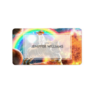 Space Galaxy Cat Riding Tiger on Pizza Adressaufkleber