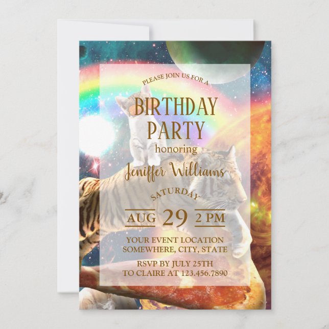 Space Galaxy Cat Riding Tiger on Pizza Einladung (Vorderseite)