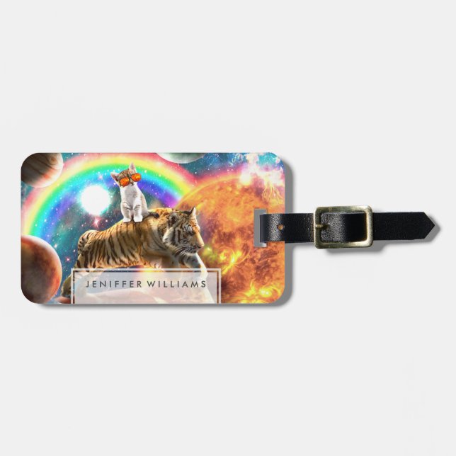 Space Galaxy Cat Riding Tiger on Pizza Gepäckanhänger (Vorderseite horizontal)