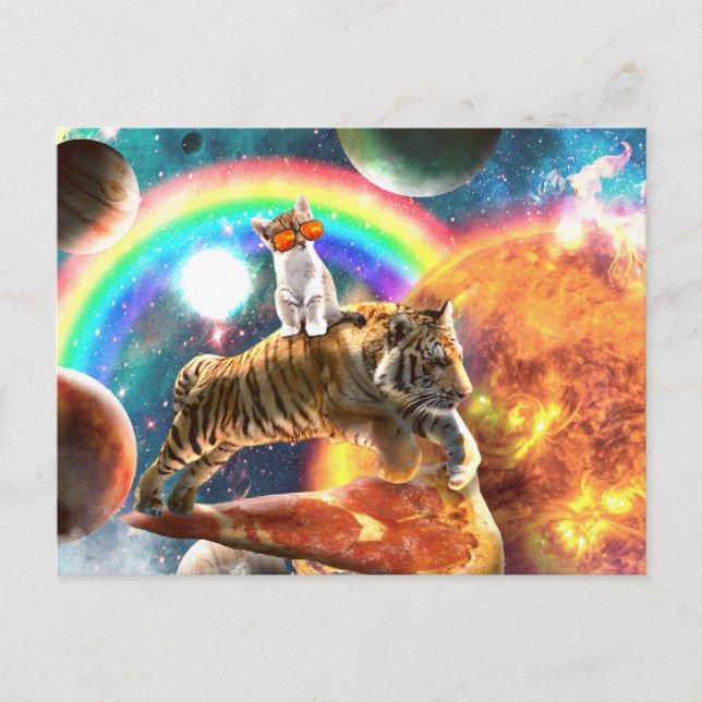 Space Galaxy Cat Riding Tiger on Pizza Postkarte (Vorderseite)