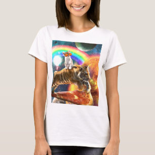 Space Galaxy Cat Riding Tiger on Pizza T-Shirt